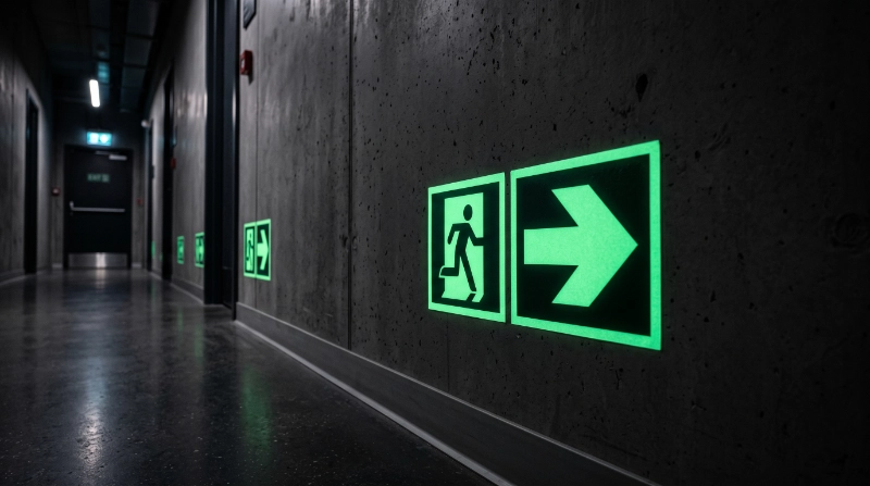Photorealistic close-up of professional photoluminescent safety stickers and directional arrows installed along a modern emergency escape corridor, low-level placement,