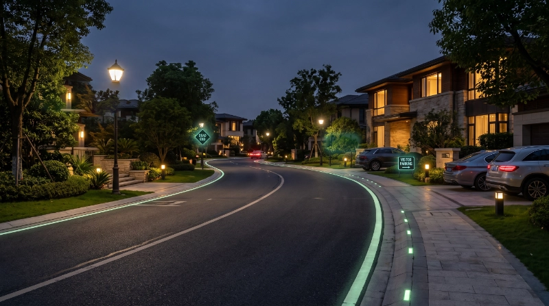 private residential estate street at dusk with carefully designed photoluminescent supplementary street markings glowing subtly along the road edges