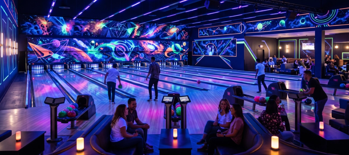 Photorealistic premium commercial architectural photography of a modern cosmic bowling centre at night,