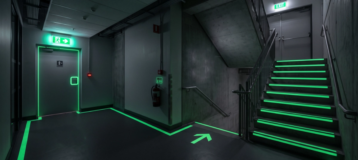 Photorealistic premium commercial architectural photograph of a modern commercial building emergency escape corridor during a simulated power failure,