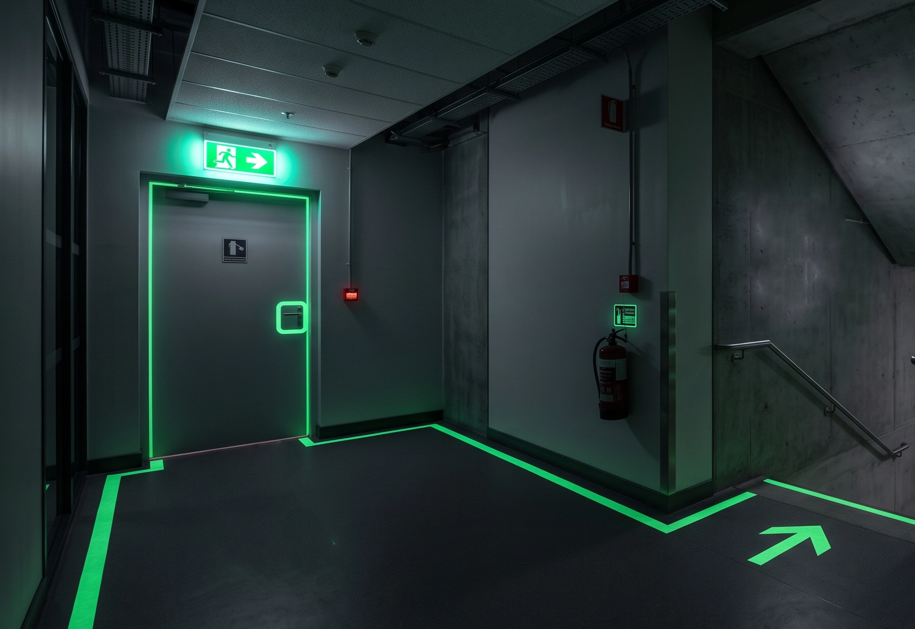 staircase with photoluminescent exit signage, glowing low-level wall markings