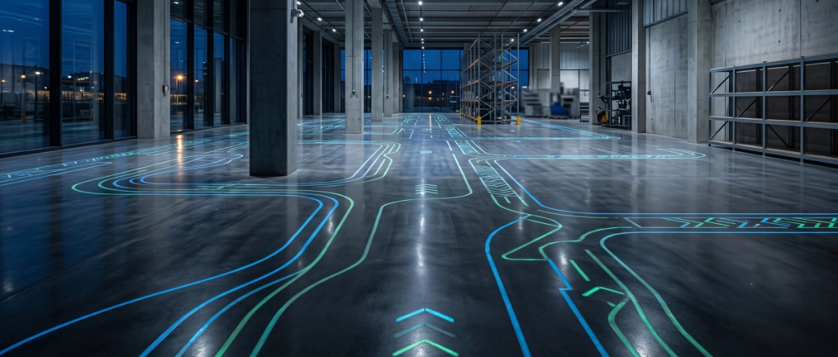 Premium photorealistic industrial epoxy floor in a modern commercial space, subtle glowing pathways and decorative photoluminescent patterns visible after the main lights are switched off