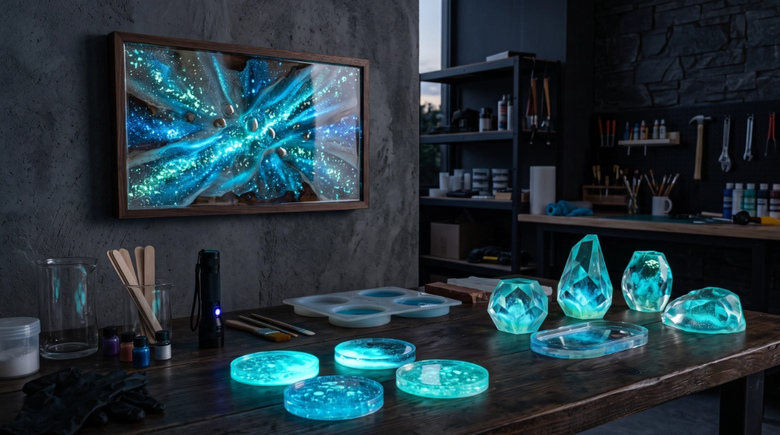 photography of a contemporary resin art workspace featuring clear resin creations