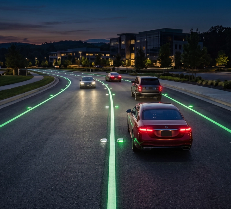 road-marking application at dusk, modern asphalt roadway with carefully applied photoluminescent glow markings