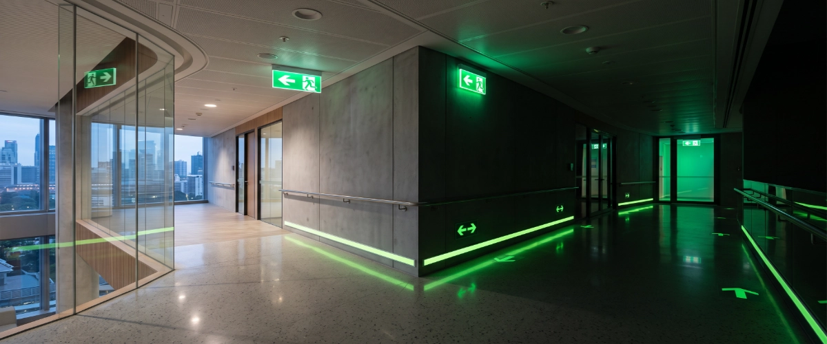 Photorealistic premium commercial architectural photography of a modern commercial building corridor featuring professionally installed photoluminescent glow in the dark safety signs