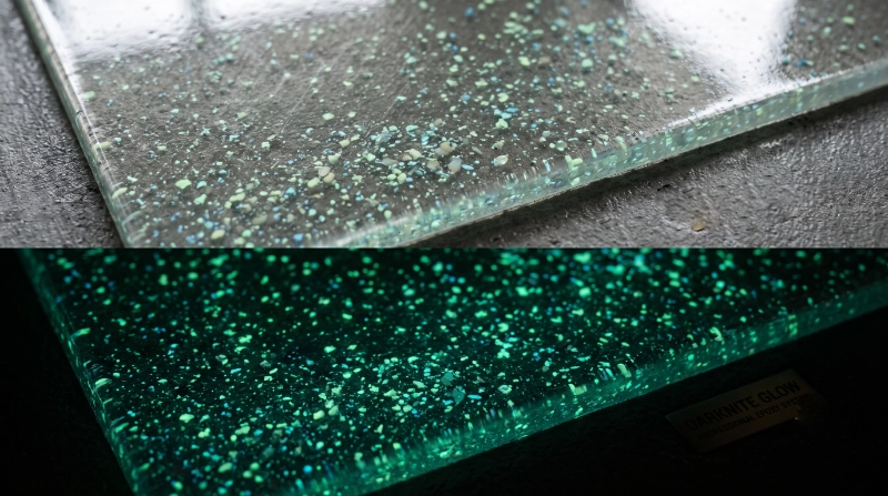 Close-up of a professional epoxy floor coating showing Glow Powder distributed within a clear epoxy layer