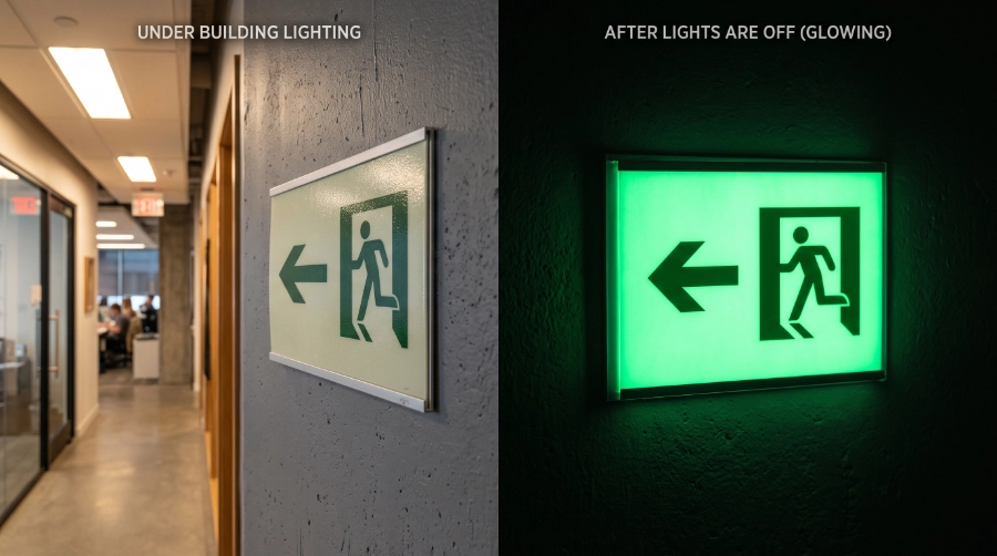 Photorealistic close-up of a photoluminescent safety sign shown under normal building lighting and then glowing after the lights are switched off