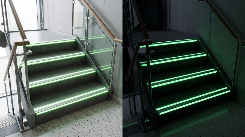 Photorealistic close-up of a modern staircase showing aluminium photoluminescent stair nosings under normal lighting and then glowing after the lights are switched off,