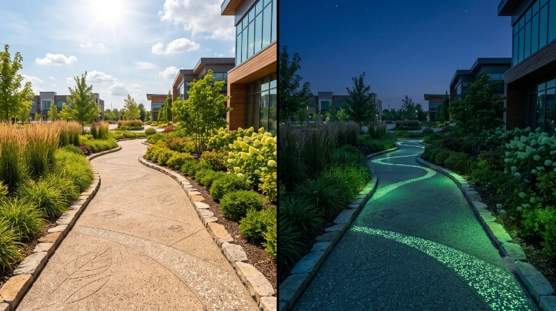 Split image showing daylight charging a decorative concrete pathway and the same pathway glowing softly after sunset