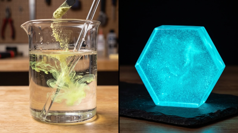 Close-up educational-style photograph showing Glow Powder being dispersed through clear resin