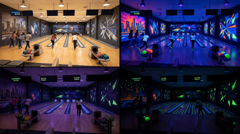 Educational visual showing a bowling centre under normal lighting and then under UV blacklight, with UV Reactive Paint