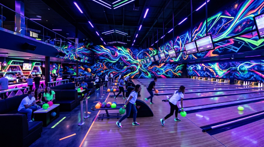 Futuristic bowling centre with dynamic fluorescent UV Reactive Paint graphics flowing across walls and architectural surfaces