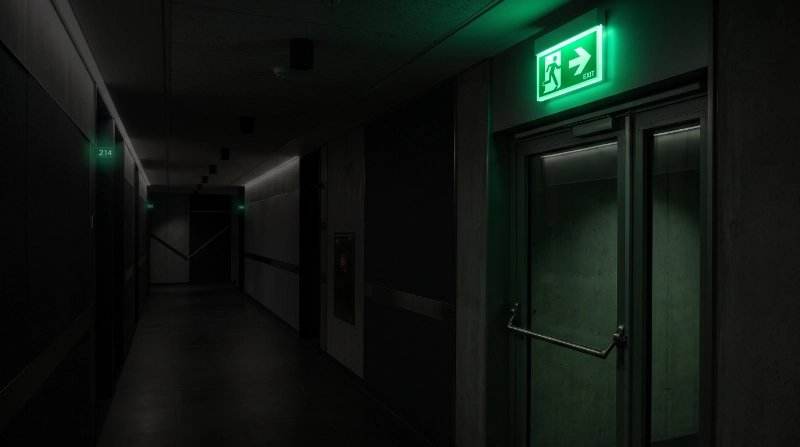 Photorealistic modern commercial corridor with a professionally installed photoluminescent emergency exit sign above an exit door,
