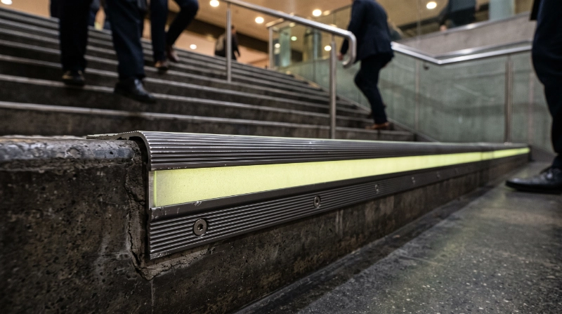 Photorealistic close-up of a robust aluminium photoluminescent stair-edge profile installed on a busy commercial staircase