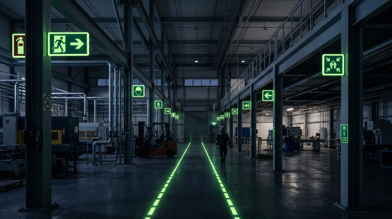 Photorealistic professional photoluminescent safety sign mounted in a modern commercial corridor