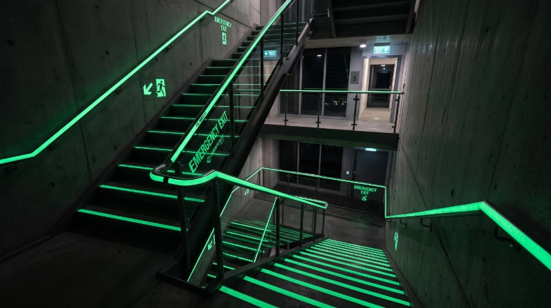 Photorealistic emergency escape staircase with photoluminescent markings clearly defining stair edges and handrail areas, modern commercial building,