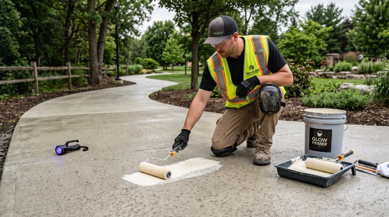 Contractor preparing a cured concrete pathway before applying Glow Paint,