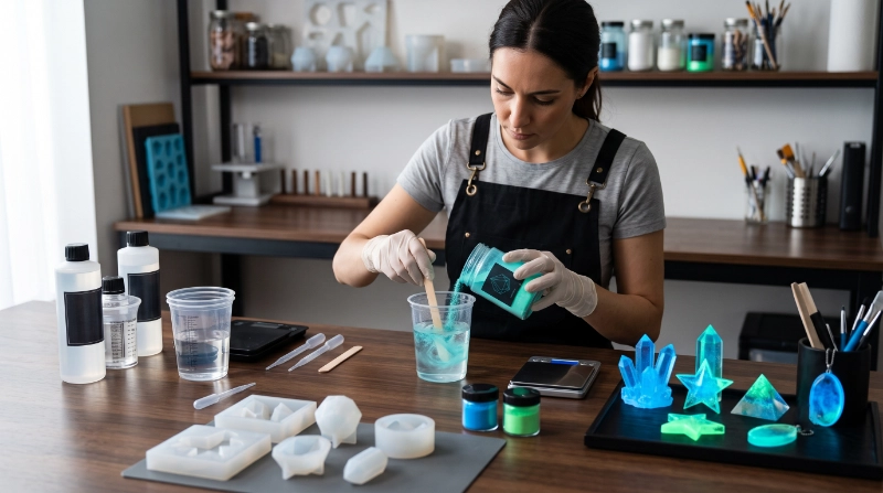 Professional resin artist preparing clear casting resin and Glow Powder on a clean craft workstation,