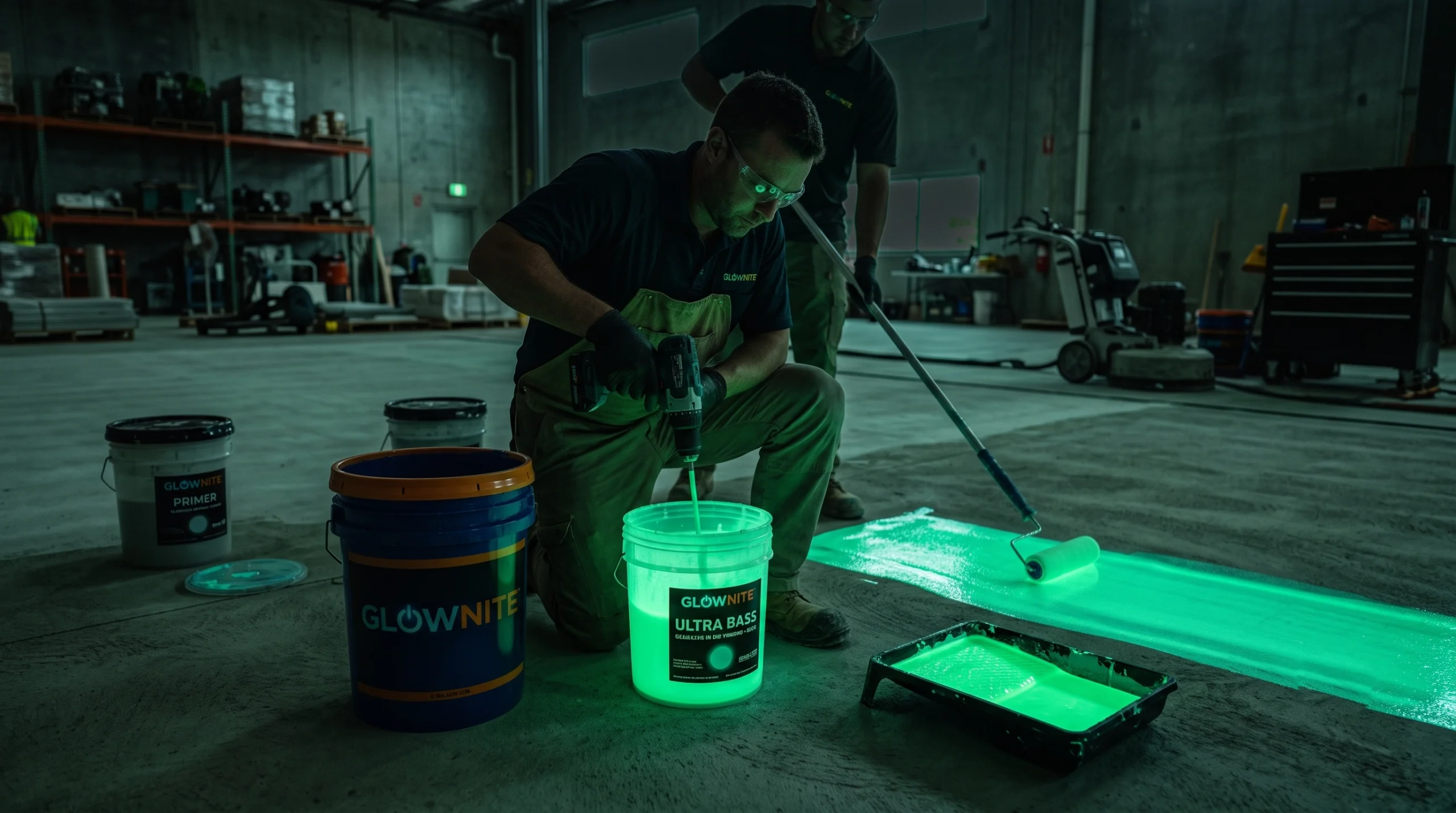 Professional flooring contractor preparing a clean concrete substrate for a glow epoxy floor, industrial workspace, mixing epoxy and Glow Powder, application roller, primer and UV inspection light