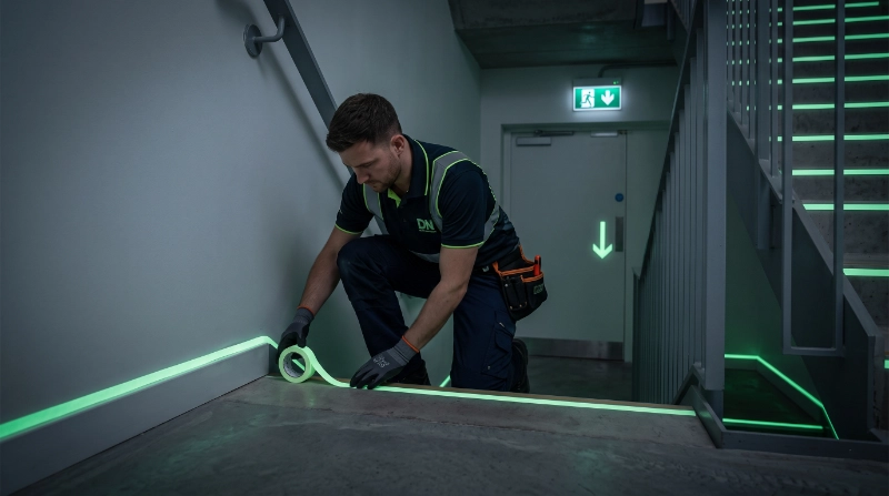 Professional safety contractor installing photoluminescent Glow Tape and Glow Stickers along a modern commercial emergency escape route