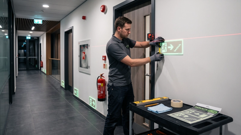 Photorealistic professional installation of photoluminescent Glow Signs and Glow Stickers in a modern commercial building