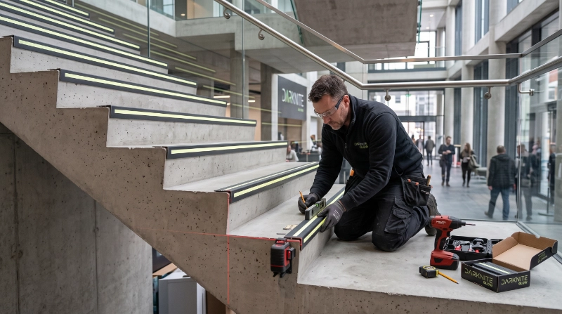 Photorealistic professional installer fitting aluminium photoluminescent L-shaped stair nosings to a clean modern concrete staircase, precise measurement and alignment of each stair edge