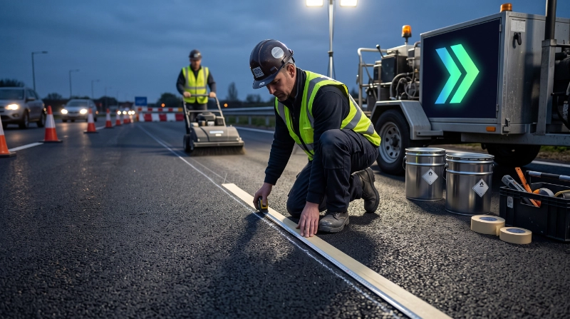 road-marking contractor preparing a clean asphalt surface before applying photoluminescent Glow Paint