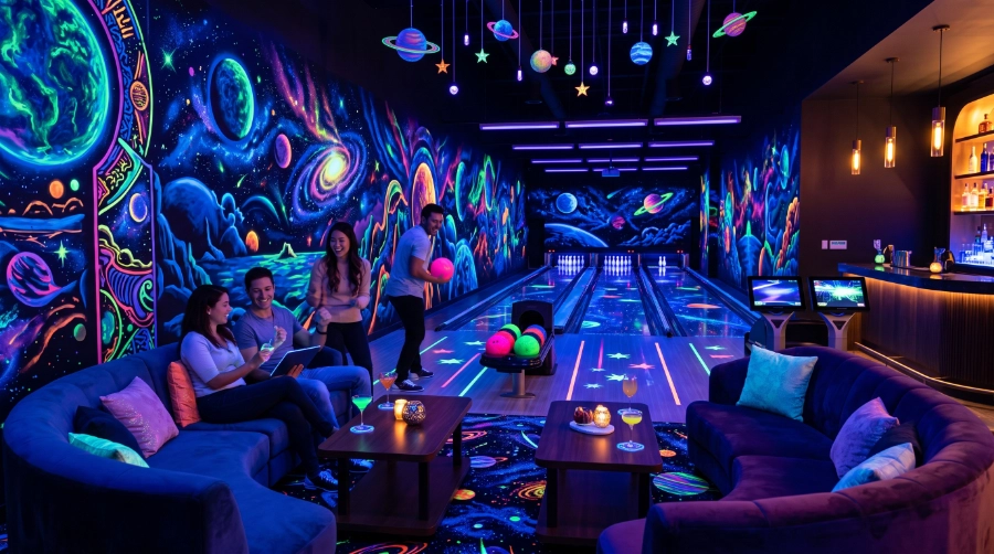 Premium private bowling party area with immersive UV Reactive Paint artwork, glowing cosmic decorations, blacklight illumination