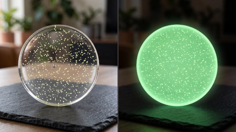 Transparent clear resin coaster containing evenly distributed photoluminescent particles