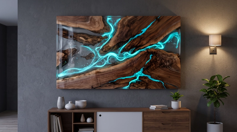 Premium contemporary resin artwork combining natural wood, clear resin and glowing photoluminescent sections