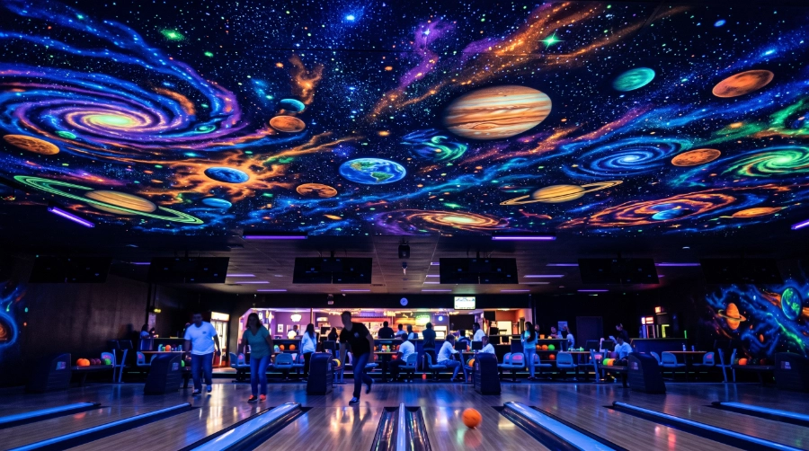 Dramatic cosmic bowling centre ceiling painted with UV Reactive Paint showing stars, planets and colourful cosmic patterns, blacklight illumination, bowling lanes