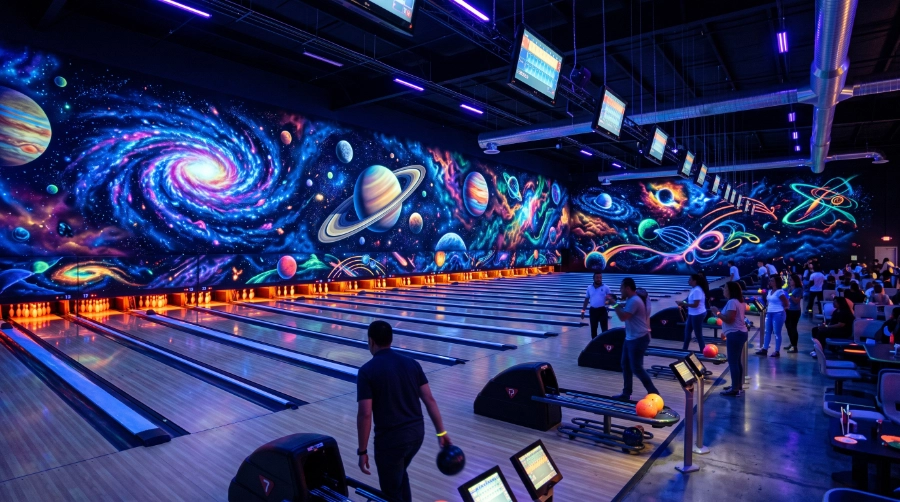 Large immersive cosmic bowling centre wall covered with professionally painted UV Reactive Paint mural featuring galaxies, planets, stars and abstract cosmic patterns, glowing vividly under UV blacklight,