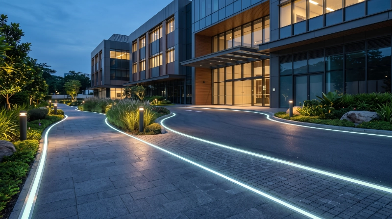 Photorealistic modern outdoor pedestrian walkway and driveway with neatly installed flat aluminium photoluminescent strips providing subtle glowing route guidance,