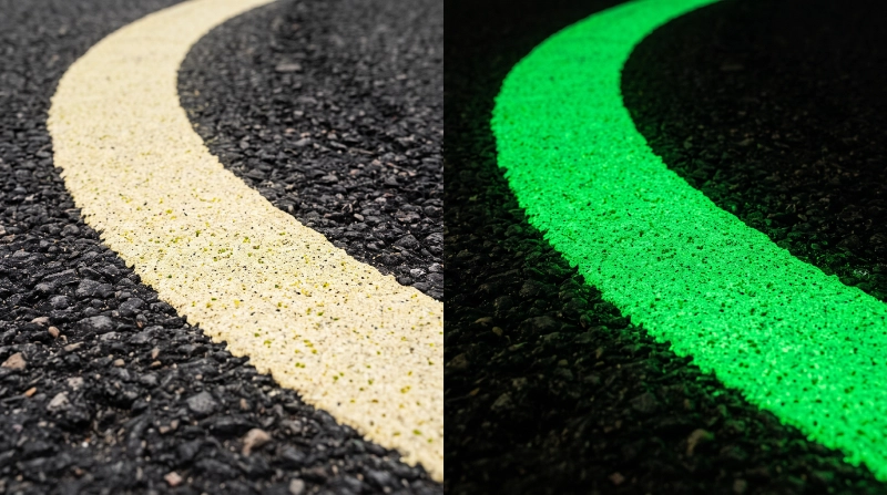 Photorealistic close-up of a photoluminescent road marking on textured asphalt